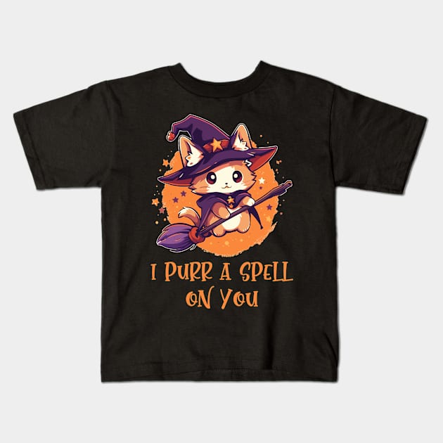 Funny Cat Pun Witch Spell Graphic Men Kids Women Halloween Kids T-Shirt by KsuAnn